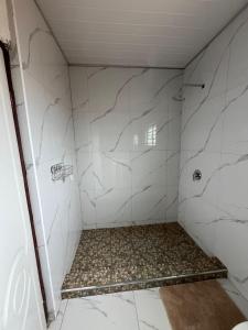 a bathroom with a shower with white tiles at Kasuba Apartments in Livingstone