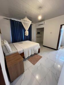 a bedroom with a bed and a chandelier at Kasuba Apartments in Livingstone +17 photos