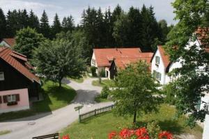 eine Luftansicht eines Dorfes mit Häusern und Bäumen in der Unterkunft Haus Waldviertel am Herrensee in Litschau