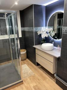 a bathroom with a sink and a shower and a mirror at T3 Haut standing in Saint-Raphaël +18 photos