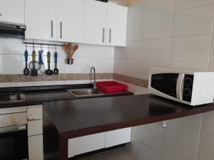 eine Küche mit Spüle und Mikrowelle in der Unterkunft Departamento portal del mar in La Serena