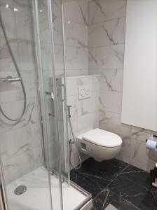 ein Badezimmer mit Toilette und Glasdusche in der Unterkunft Iris Garden Cottage in Saint-Germain-en-Laye + 37 Fotos