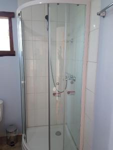 a shower with a glass door in a bathroom at Turismo Raíces in Coihaique