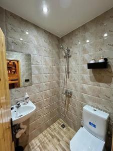 a bathroom with a toilet and a sink at Entire Studio Steps From The Kasbah Museum In The Ancient City in Tangier