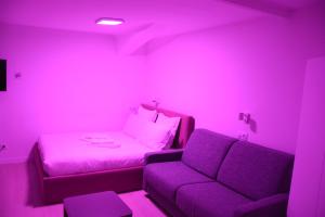 a purple room with a couch and a bed at Maison Jacob - Hyper centre - Maison historique - Air conditioning - Wifi in Avignon