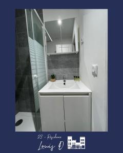 ein Badezimmer mit einem weißen Waschbecken und einer Dusche in der Unterkunft 2 Le Nid Bleu Béthunois Cosy and Central in Béthune + 8 Fotos