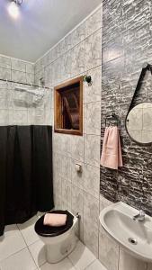 a bathroom with a sink and a toilet and a mirror at Kitnet nas Montanhas in Campos do Jordão