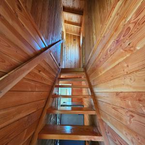 a wooden staircase in a cabin with wooden walls at Cabañas Los Arrayanes in Licán Ray