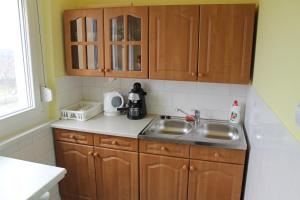 a small kitchen with wooden cabinets and a sink at Louis Apartment in Budapest