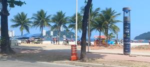 eine Straße mit Palmen und ein Strand mit Menschen in der Unterkunft Studio na Biquinha em São Vicente in São Vicente + 4 Fotos