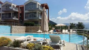 un hôtel avec une piscine avec des chaises et un parasol dans l'établissement Acacia Hill olive tree apartment, à Herceg-Novi