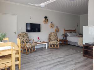 ein Schlafzimmer mit einem Bett, zwei Stühlen und einem Fernseher in der Unterkunft Heuning Nessie in Bredasdorp