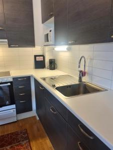 a kitchen with a sink and a microwave at Wanha Neuvola Apartment in Pieksamaki +2 photos