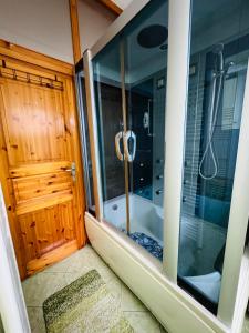 ein Bad mit einer Dusche und einer Badewanne neben einer Tür in der Unterkunft The Riverside Harmony Sarajevo - Parking available - Walk everywhere in Sarajevo