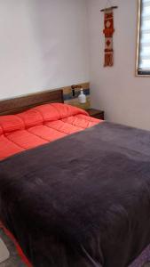 a bedroom with a red bed with a red blanket at Costa Monkul - Carahue y Puerto Saavedra in Nahuentúe +21 photos