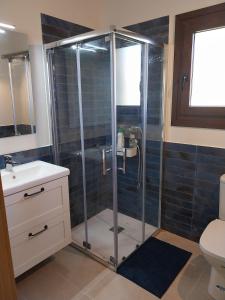 a bathroom with a shower with a sink and a toilet at Tábara, a orillas del río in Soto del Barco
