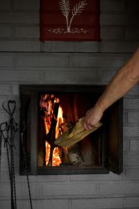 a person holding a fish in a fireplace at Frosty Brook Cottage Hosted by Hygge Host in Lehtola +34 photos