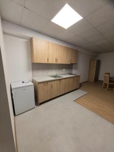 a kitchen with wooden cabinets and a sink in a room at Apartament Bellisimo in Sofia
