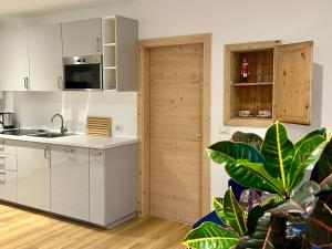 a kitchen with white cabinets and a plant at La Busa dai Zervi in Daiano