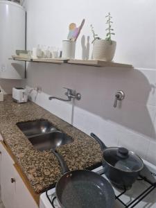 a kitchen counter with a sink and a pot on a stove at Amplio Duplex frente a Parque Benegas in Godoy Cruz