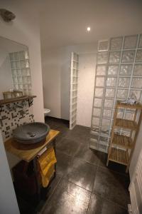 a bathroom with glass shelves and a sink in a room at La Vita Nuova Appartements - Appart B&B in Morro dʼAlba