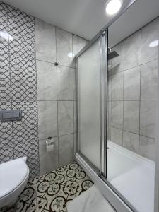 a bathroom with a shower and a toilet and a tub at Grand Bedir in Istanbul +65 photos