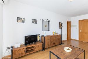 a living room with a tv and a wooden entertainment center at Toledo ciudad de las tres culturas , un lugar para disfrutar todas las familias con sus hijos " DESAYUNO INCLUIDO" in Villamiel de Toledo