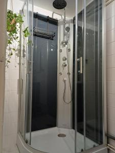 a shower with a glass door in a bathroom at Le Terminus, Proche gare et centre-ville in Amboise
