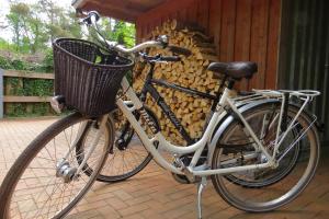 a bike parked next to a pile of fire wood at Strandhaus Möve in Wustrow +36 photos