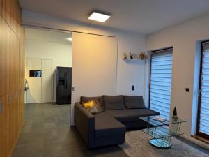 a living room with a couch and a glass table at Ferienwohnung- Monteurwohnung- Businesswohnung in Ascheberg