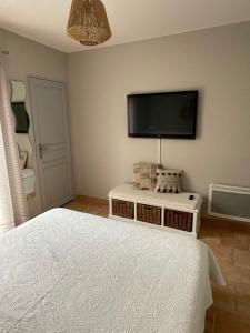 ein Schlafzimmer mit Bett und Flachbildfernseher in der Unterkunft Chez Francis & Valérie in Villegailhenc