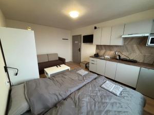 a small room with a bed and a kitchen at Apartamenty w centrum Głogowa in Głogów