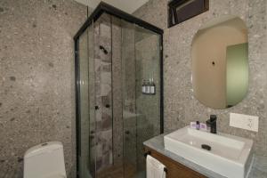 ein Badezimmer mit Dusche und Waschbecken in der Unterkunft Expo Satélite 2750 Hotel & Suites in Guadalajara
