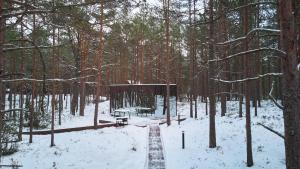 a park in the snow with a bench and trees at ÖÖD Hötels Lohusalu LEIDA & ENNO in Laulasmaa