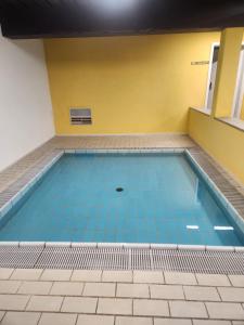 a swimming pool with a blue tile floor at Ferienwohnung Phin in Sankt Englmar, mit Pool, activCard und Smart TV in Sankt Englmar +12 photos