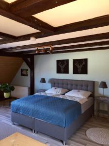 una camera da letto con un grande letto blu in una stanza di Maisonette Wohnung Schwaan a Schwaan