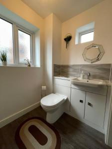 a bathroom with a toilet and a sink at Hawksbill 3 Bed Detached house with private parking in Peterborough +17 photos