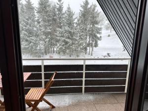 a view of a snow covered yard from a window at Jacky Apartment in Schonwald im Schwarzwald