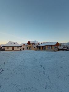 a snow covered field with buildings in the background at Casa Delia in Mănăstirea Humorului