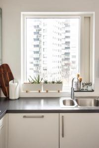 a kitchen with a sink and a window with plants at Private room with views to the mountains in Reykjavík