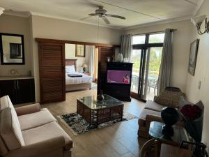 a living room with a couch and a tv at 35 Ocean Breeze Winkelspruit in Kingsborough
