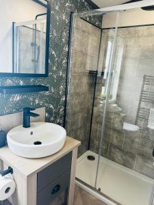 a bathroom with a sink and a shower at Horton's Hideaway at Ashbourne Heights Holiday Park in Ashbourne