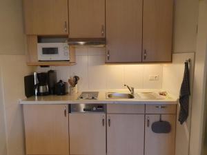 a small kitchen with a sink and a microwave at Kleiner Mövenschiß in Dorum-Neufeld
