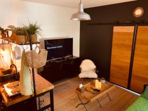 a living room with a table and a tv at maison d'hôtes jacuzzi extérieur 10mn Lille centre in Saint-André