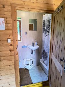 a bathroom with a sink and a tub and a sink at Domki letniskowe "Barbarki" Solina 99 in Solina