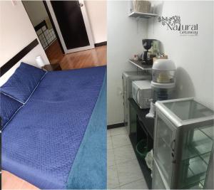 two pictures of a room with a bed and a kitchen at Azrael NATURAL GETAWAY MOVISTAR ARENA in Bogotá
