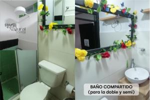 two pictures of a bathroom with a toilet and a sink at Azrael NATURAL GETAWAY MOVISTAR ARENA in Bogotá