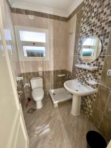 Un baño con inodoro, lavabo y espejo. en Warm Home for You Free Wifi, en Madinaty