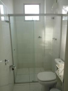 a bathroom with a shower with a toilet and a window at Hotel Minas Brasil in Montes Claros