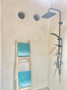 La salle de bains est pourvue d'une douche avec 2 chaises bleues. dans l'établissement RELAXING EXPERIENCE In ESSAOUIRA-VILLA OLIVE, à Essaouira
